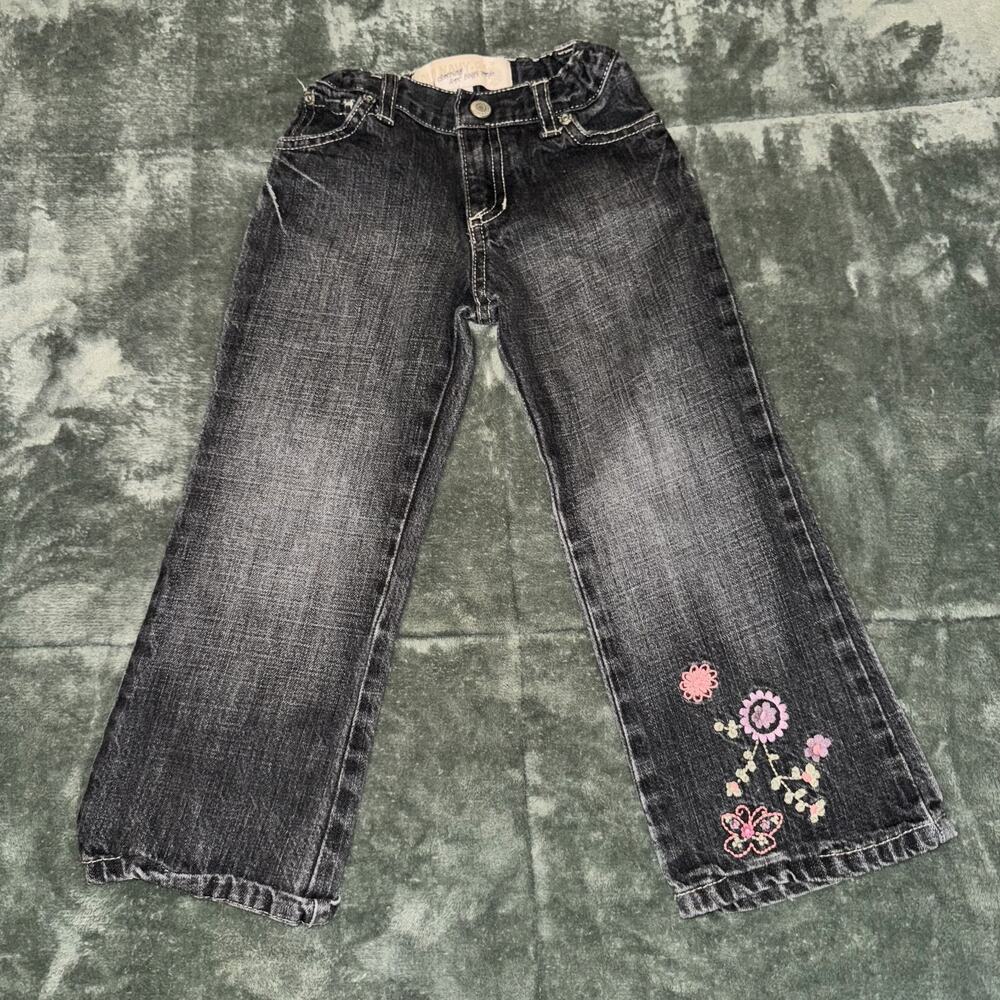 Vtg‎ Fall 2001 Old Navy Jeans Girls 4T Faded Black Denim Floral Adjustable Waist